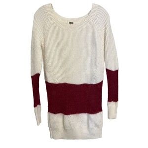 Free People Women’s Soft Cream Red Long Wool Blend Pullover Relaxed Sweater XS